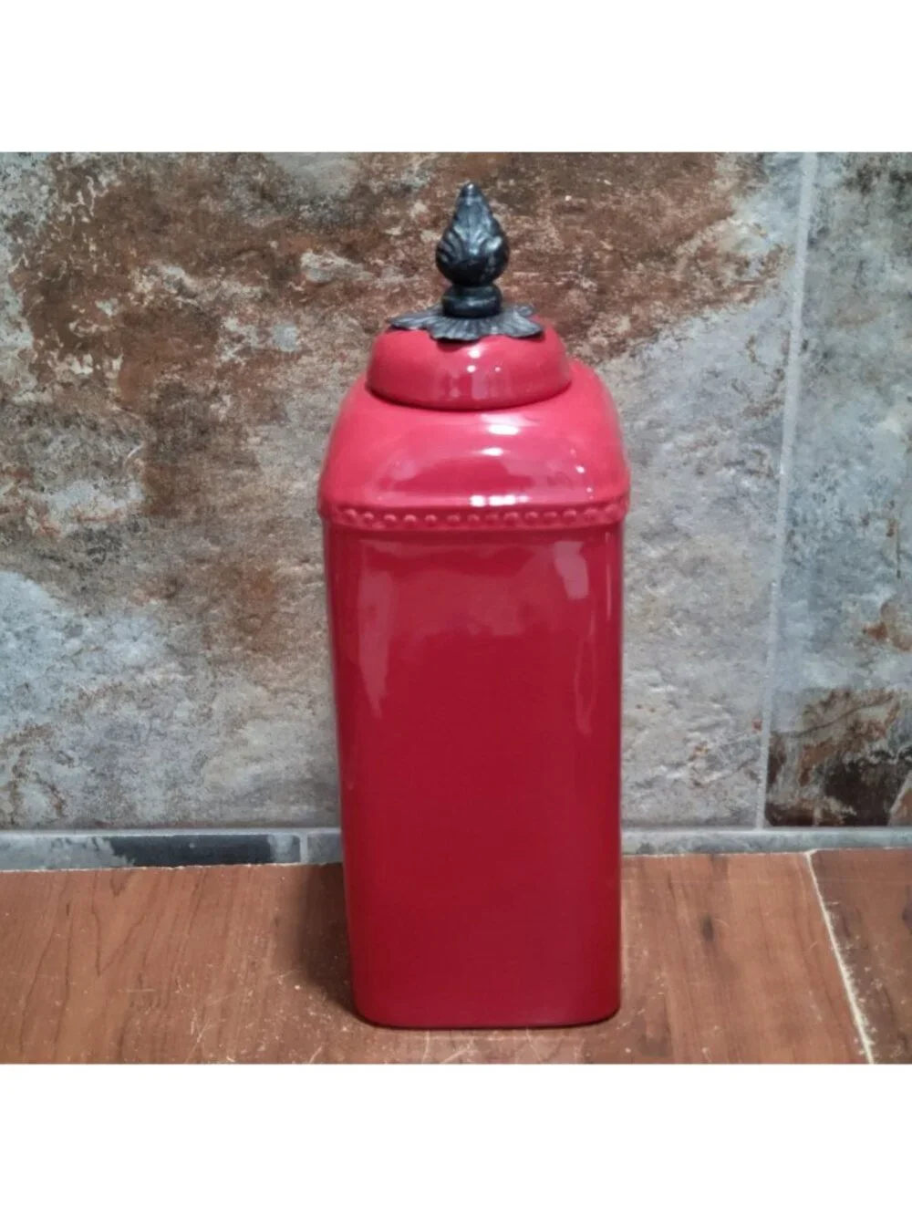 Red Ceramic Kitchen Canister Metal Lily Floral Finial 121/2 Inch Tall